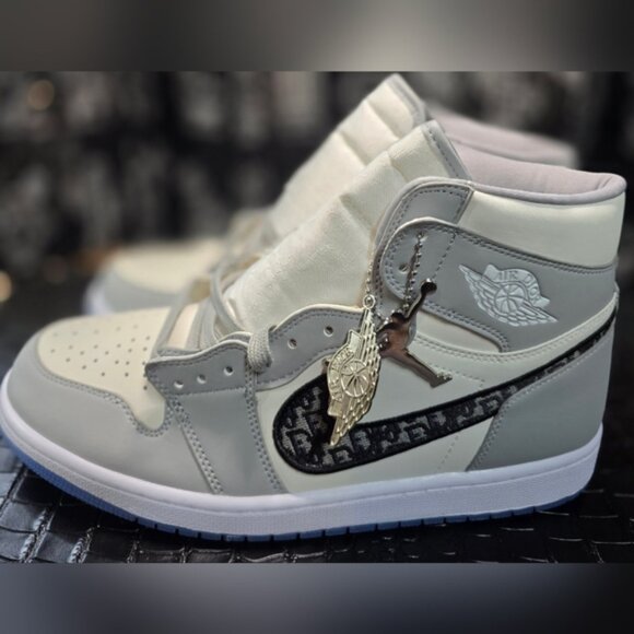 Jordan 1 Dior Design White and Gray Men's Sneakers - Picture 1 of 12